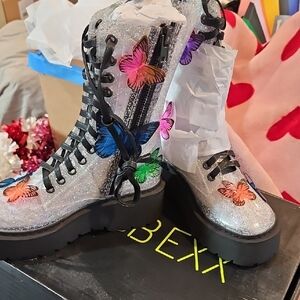 NIB Dolls Kill. Club Exx 3D Butterfly Glitter Transparent PVC Lace-Up Boots